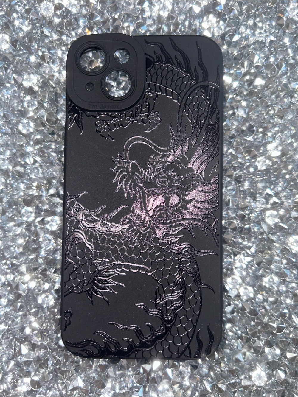 Black Dragon Embossed Phone Case for iPhone 15 plus- Sleek Protective Cover